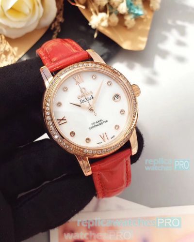 Copy Omega De Ville Ladies Watch White Dial Diamond Bezel